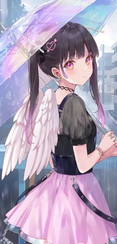 Anime girl with wings and umbrella in urban setting.