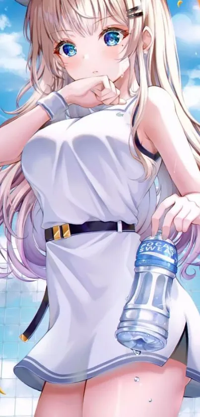 Anime girl with water bottle in blue sky.