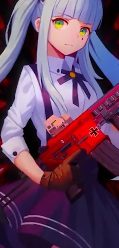 Anime girl with long hair holding a red gun.