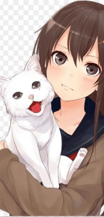 Anime girl with brown hair holding a cheerful white cat.