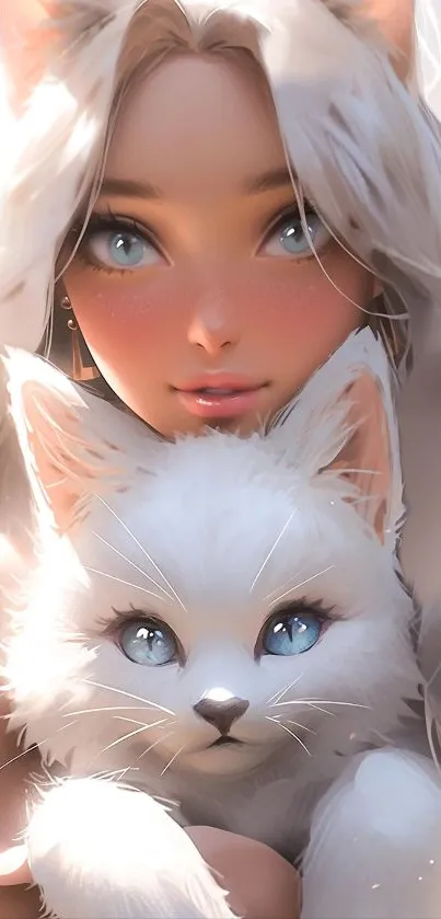 Anime girl with white cat and bright blue eyes.