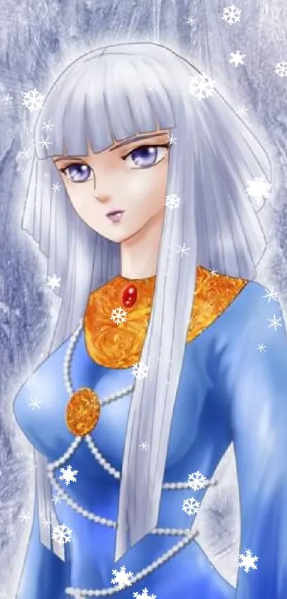 Elegant anime girl with white hair in a blue dress and intricate jewelry.