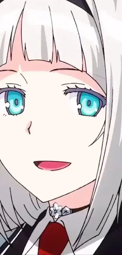 Anime girl with white hair and blue eyes, smiling.