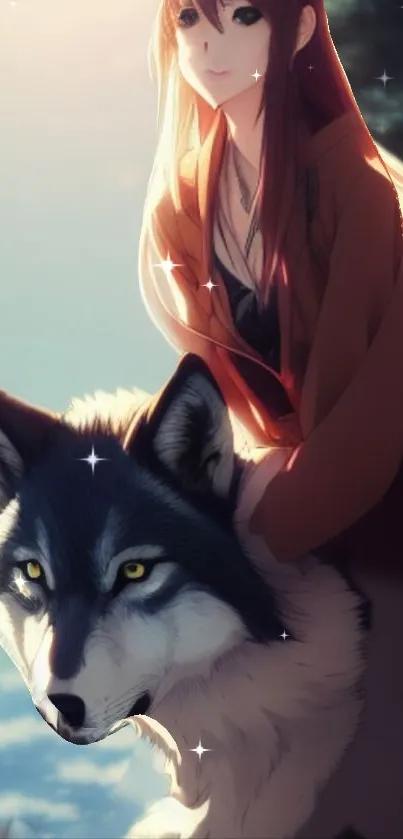 Anime girl with a wolf set in a dreamy, mystical landscape.