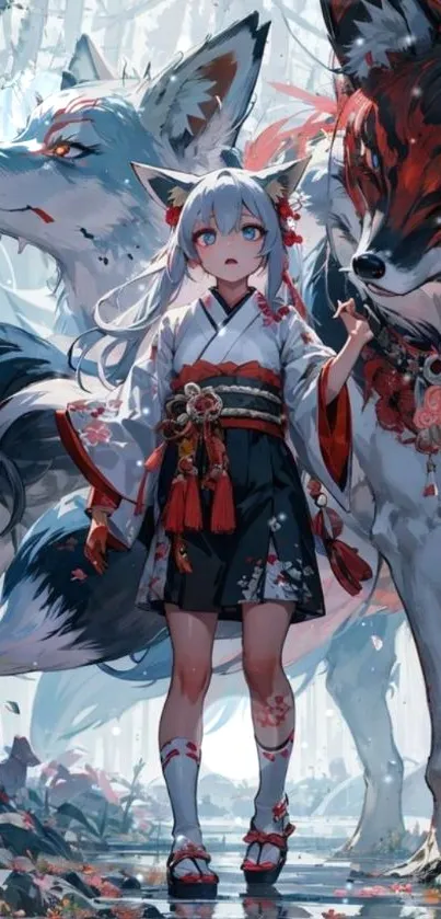 Anime girl in blue kimono with wolves in a forest setting.