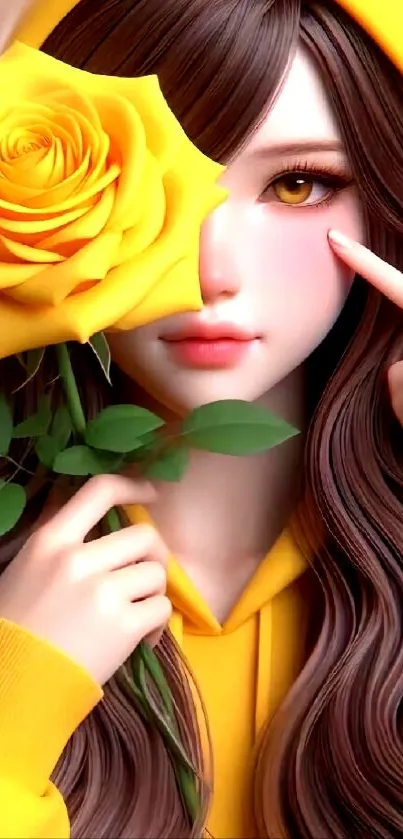 Anime girl holding a large yellow rose in a vibrant mobile wallpaper.