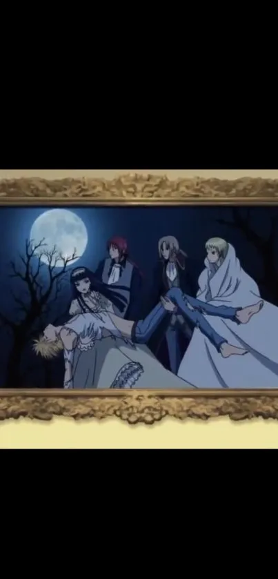 Gothic anime wallpaper with framed moonlit scene.