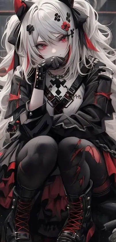 Gothic anime girl with dramatic red accents sitting in an urban backdrop.