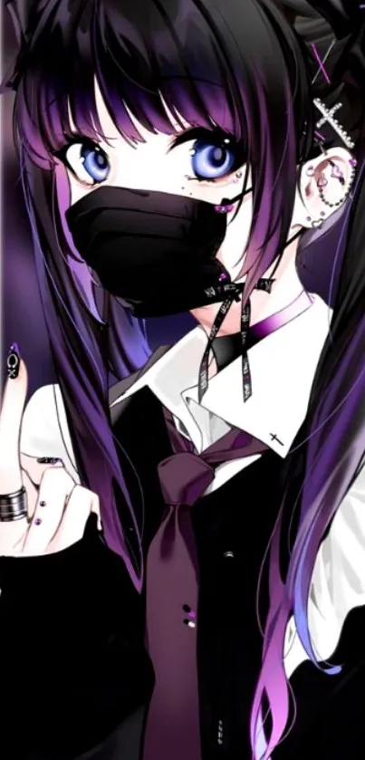 Anime gothic girl with purple accents and mask on mobile wallpaper.