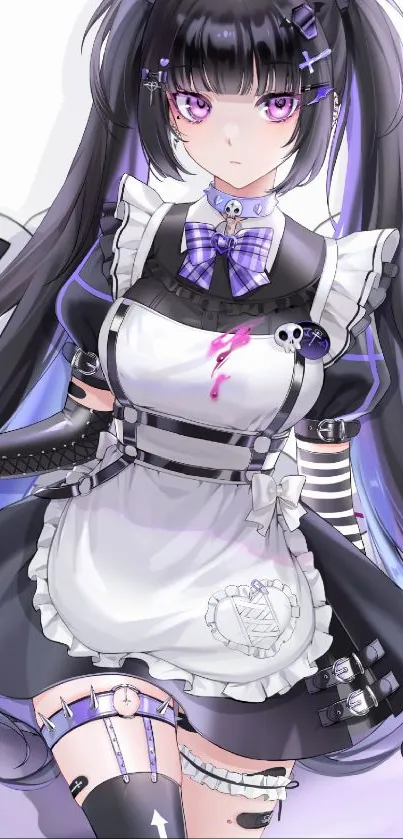 Anime gothic maid with purple accents and intricate details.