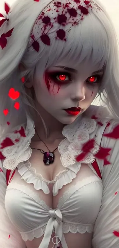 Anime character with red eyes and white outfit in a gothic style wallpaper.