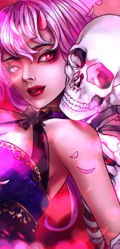 Anime girl with pink hair and skeleton in a vibrant gothic scene.