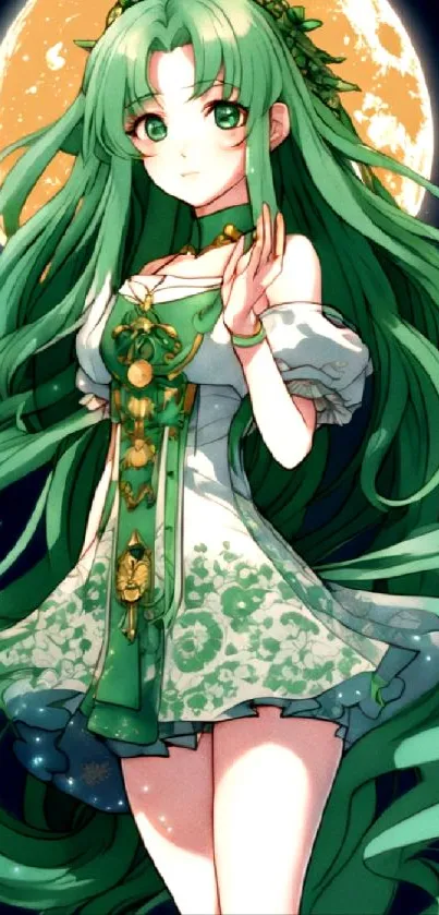 Anime character with green hair under a bright moon.