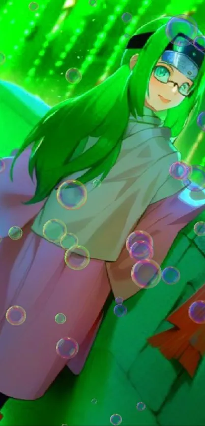 Vibrant anime character with green hair on a glowing neon background.