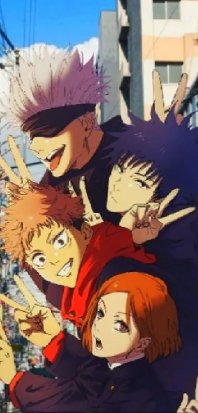 Colorful anime group with peace signs in city backdrop.