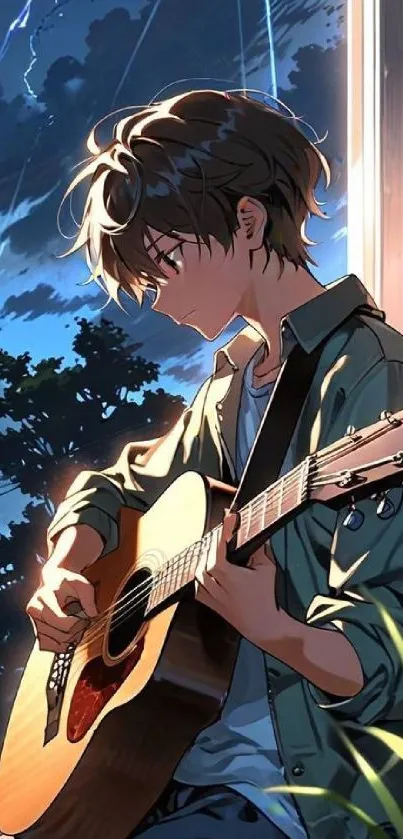 Anime boy playing guitar with a stormy sky background.