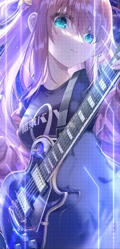 Anime character playing a guitar with vibrant blue violet hues.