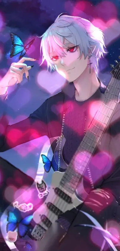 Anime guitarist with butterflies and heart lights.