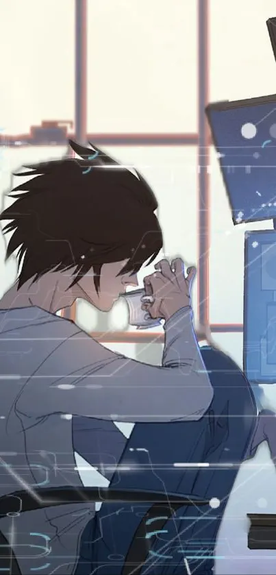 Anime character in digital hacker setting with computer screens.