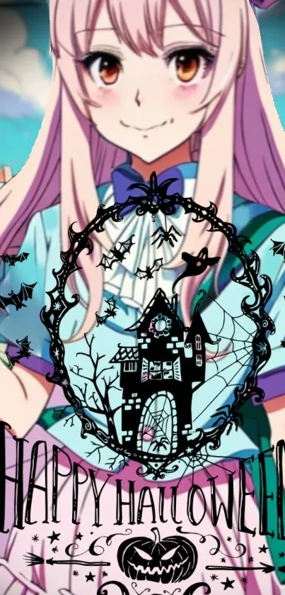 Anime Halloween wallpaper with pink-haired character and spooky decorations.