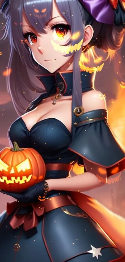 Anime character holding a pumpkin lantern with a Halloween background.