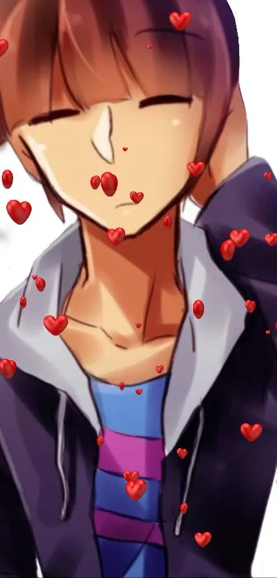 Anime character surrounded by red hearts on a colorful background.