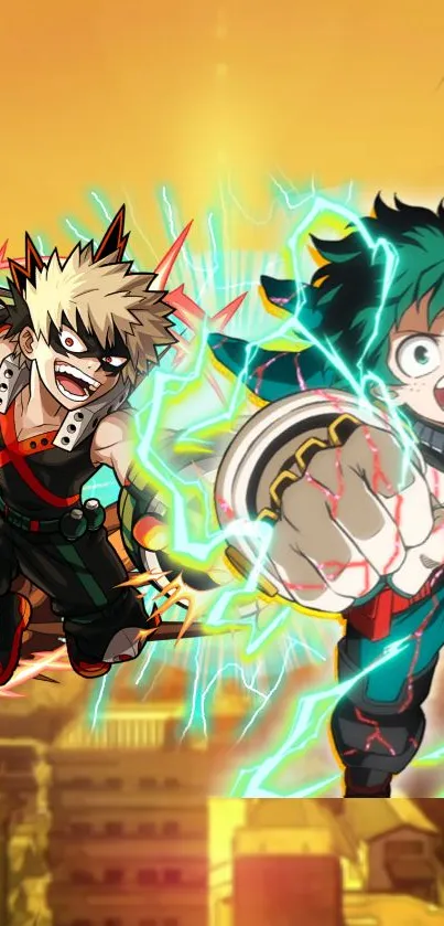 Two anime heroes in an action-packed scene with vibrant energy effects.