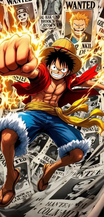 Anime hero in action with dynamic comic background.