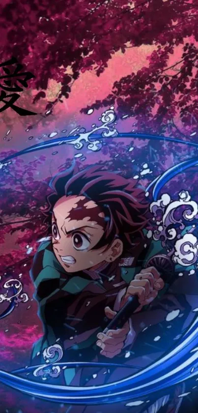 Anime hero with water swirl in vibrant scene.