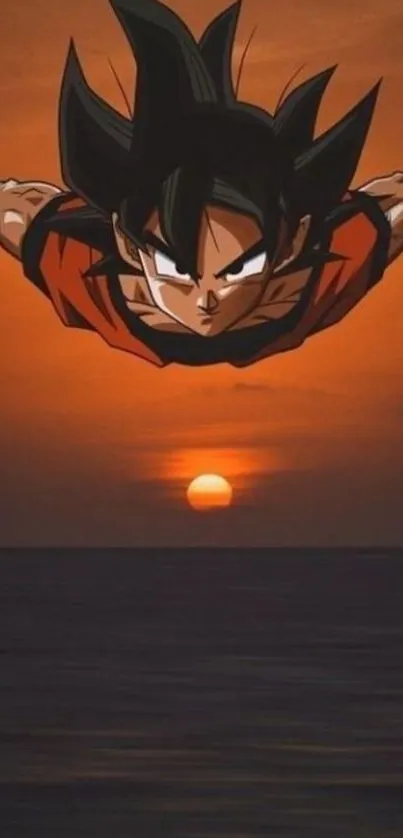 Anime character flying over ocean at sunset.