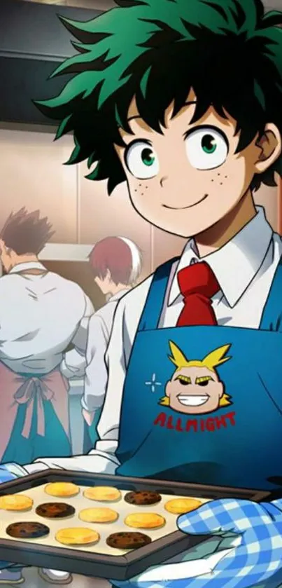 Anime hero in kitchen with cookies.