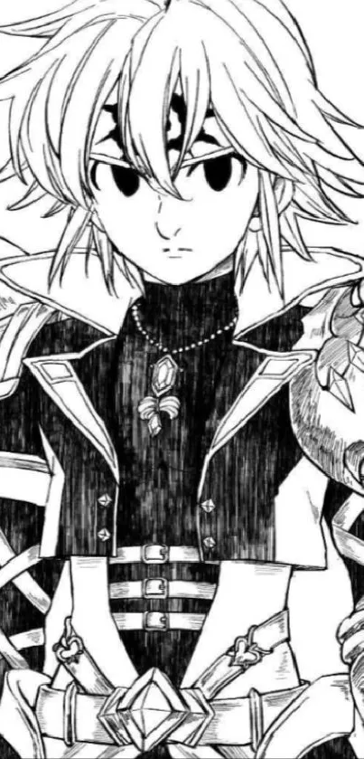 Black and white anime hero with spiky hair and expressive eyes in a detailed illustration.