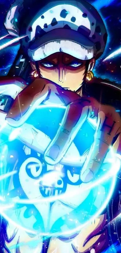 Anime hero with intense blue energy emanating for mobile wallpaper.