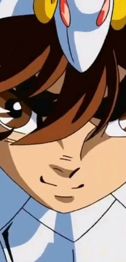 Close-up of an anime character with bold colors and dynamic features.