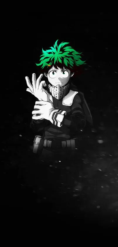 Anime hero with green hair and dark background wallpaper.