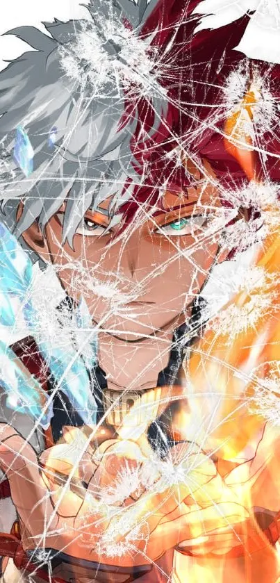 Anime hero with fiery and icy powers, intense gaze.