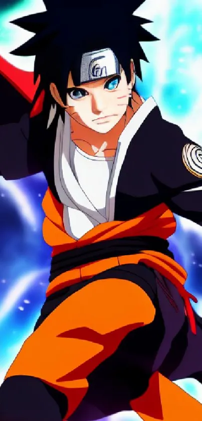 Anime hero in a dynamic, colorful action scene on phone wallpaper.