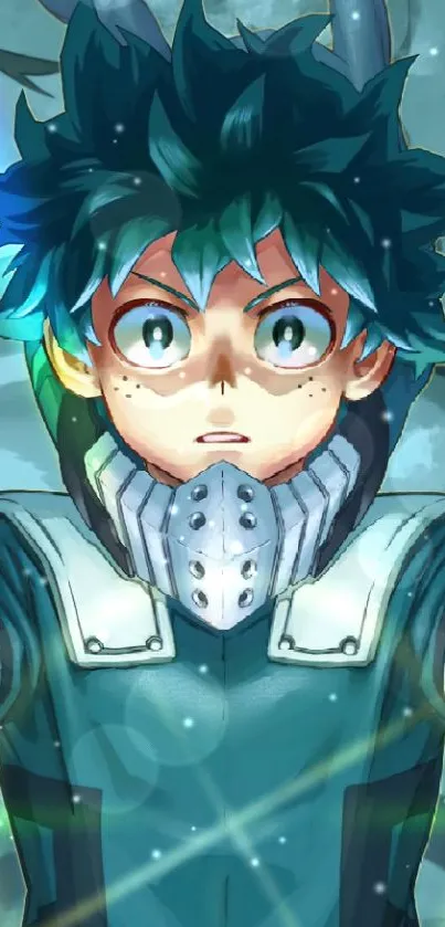 Anime hero with teal hair and intense gaze in a colorful scene.