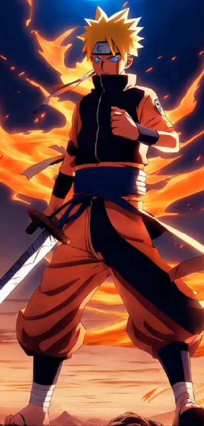 Anime hero in fiery orange glow with sword, stunning wallpaper art.