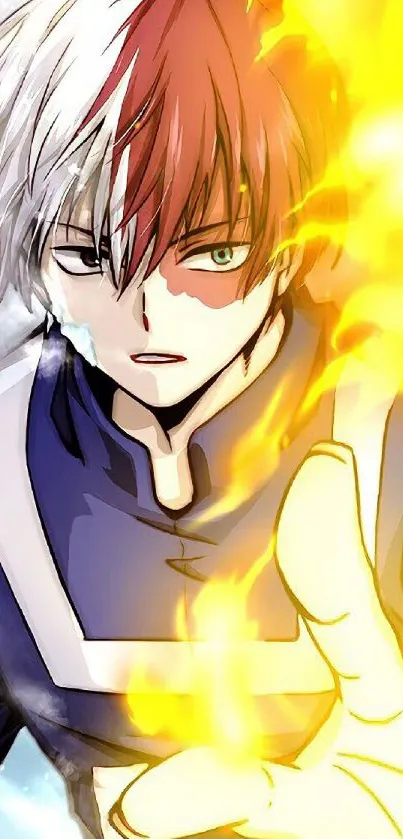 Anime hero with fire and ice powers, vibrant wallpaper.