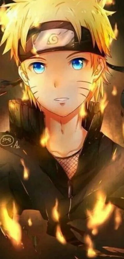 Anime hero surrounded by fiery flames.