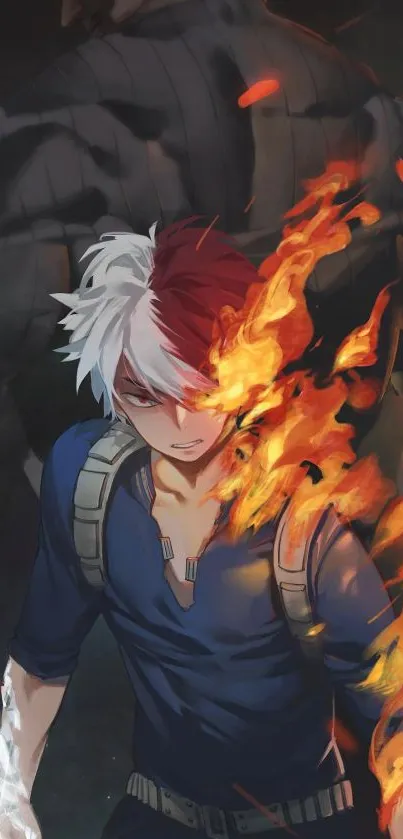 Anime hero with fire powers and dynamic background.