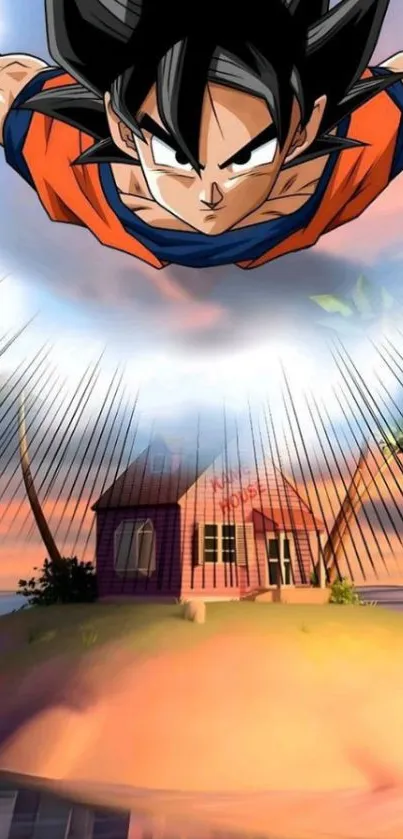Anime hero flies over island house, dynamic scene.