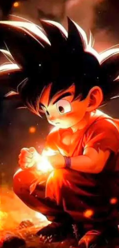 Anime hero in glowing energy scene, fiery colors.