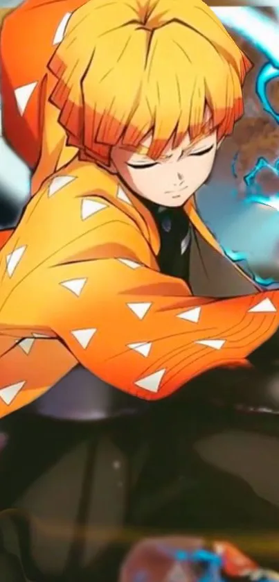 Anime hero in orange robe with dynamic action scene in mobile wallpaper.