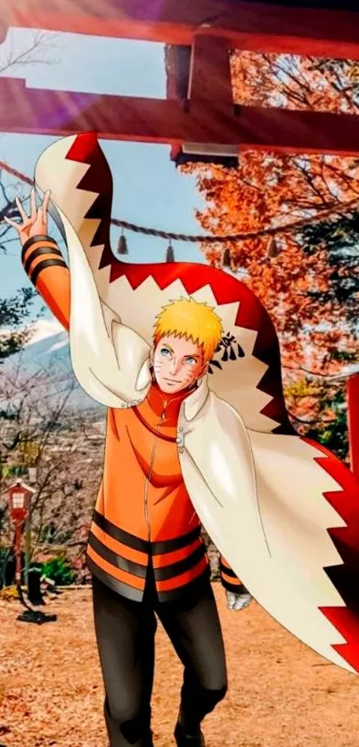 Anime hero with vibrant autumn background.