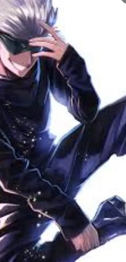 Anime hero in dynamic pose with dark blue outfit.