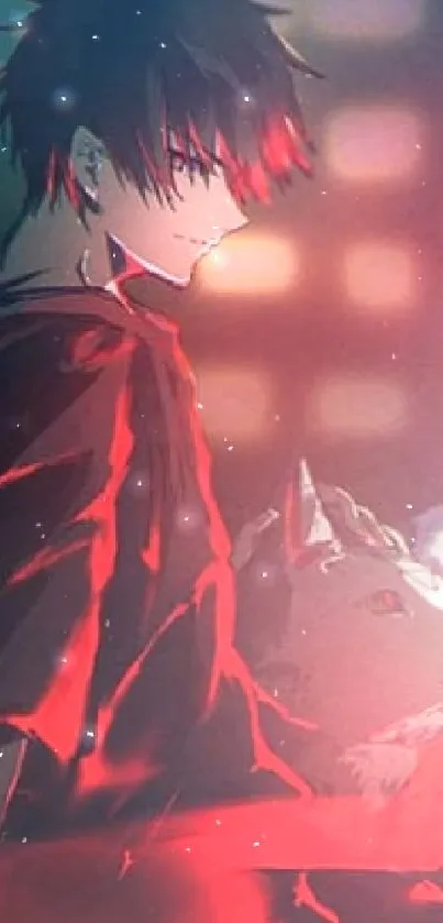 Anime hero stands in glowing cityscape with red and black hues.