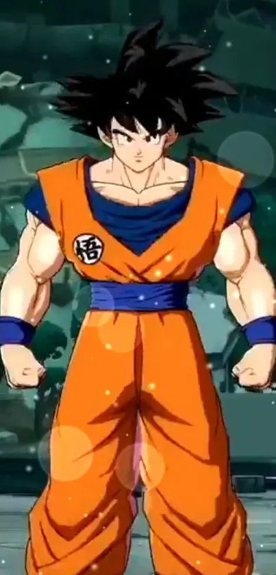 Anime hero in orange attire with celestial background