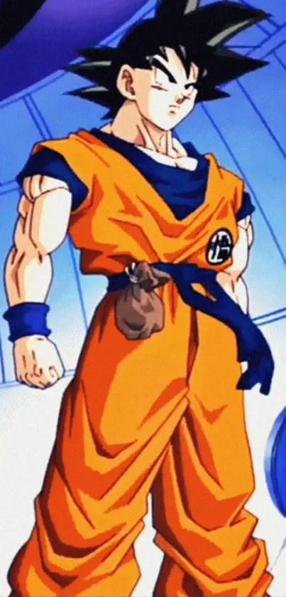 Anime character stands in orange attire with blue accents on a bright background.